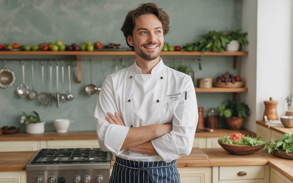 Professional chef wearing traditional chef uniform with pants