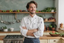 Professional chef wearing traditional chef uniform with pants