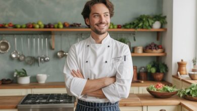 Professional chef wearing traditional chef uniform with pants