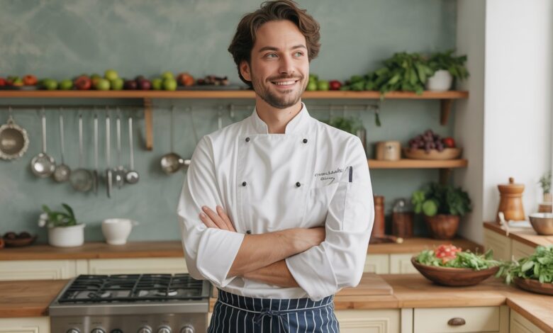 Professional chef wearing traditional chef uniform with pants