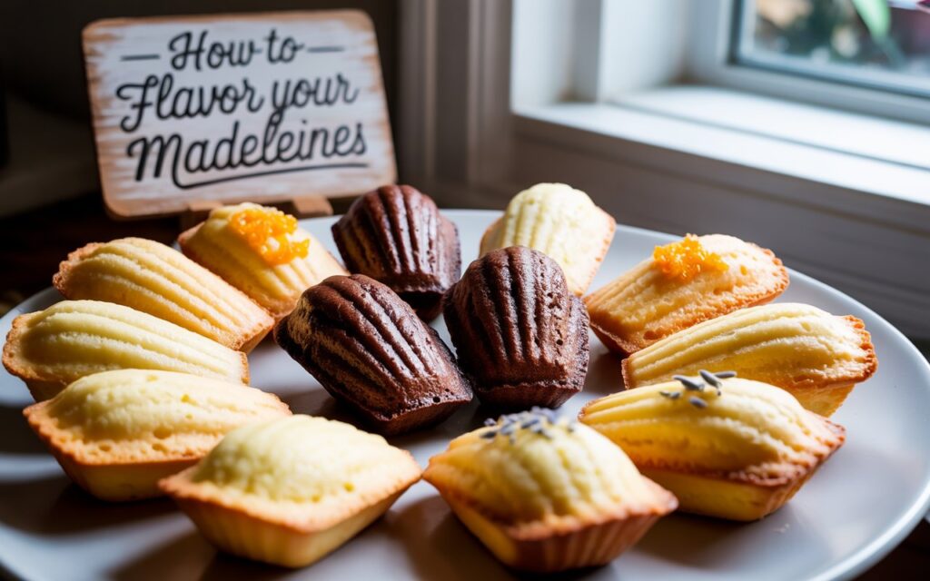 Assorted flavored madeleines on a rustic wooden tray