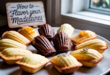 Assorted flavored madeleines on a rustic wooden tray