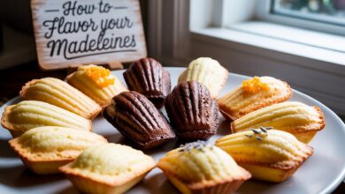 Assorted flavored madeleines on a rustic wooden tray