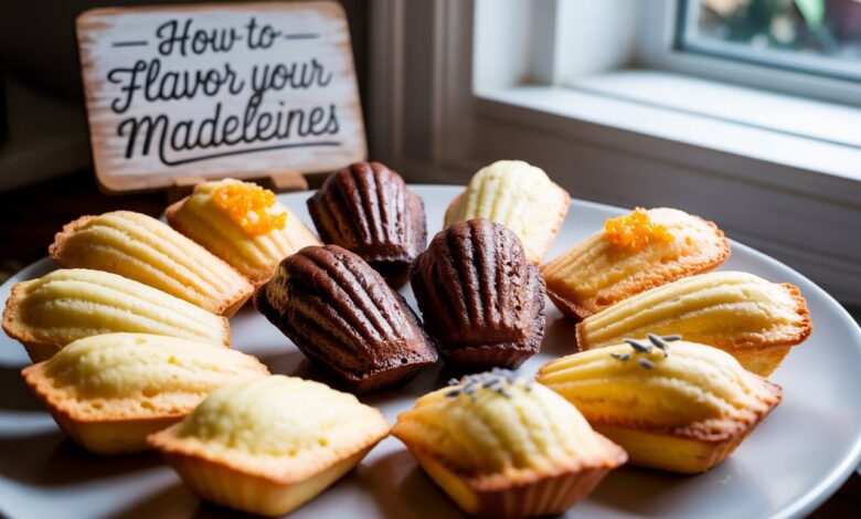 Assorted flavored madeleines on a rustic wooden tray